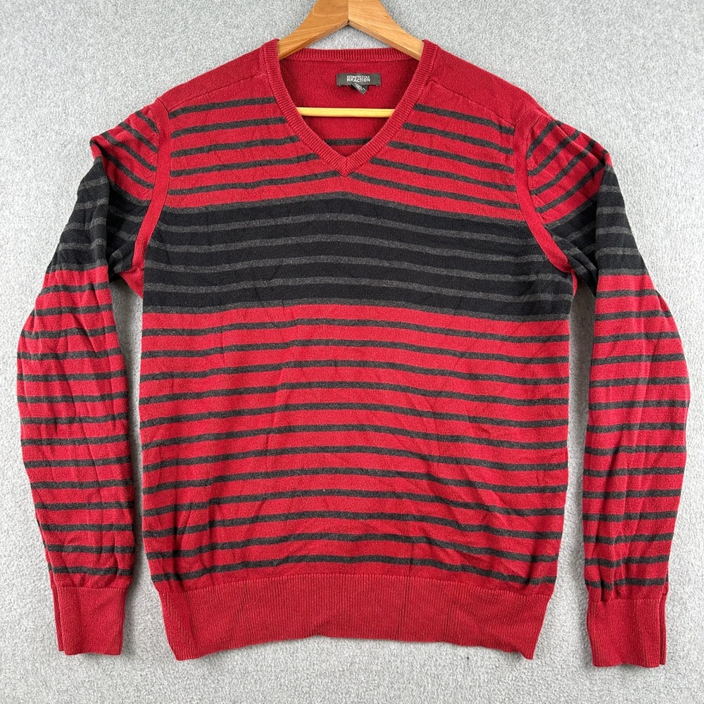 Kenneth Cole Reaction Sweater Mens M Red‎ Striped V-Neck Cotton Pullover Casual